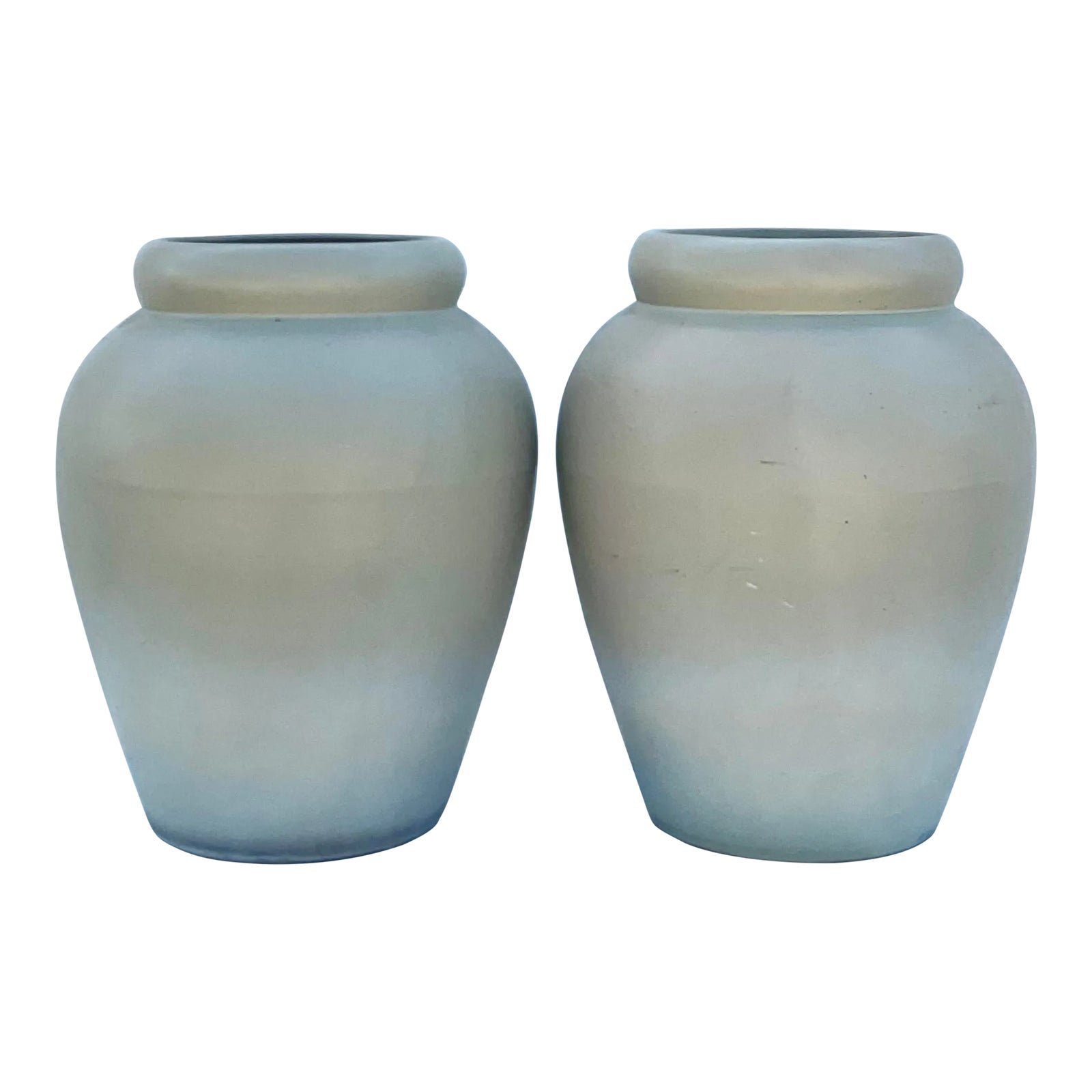 Vintage Contemporary Pair of Matte Sage Green Urns