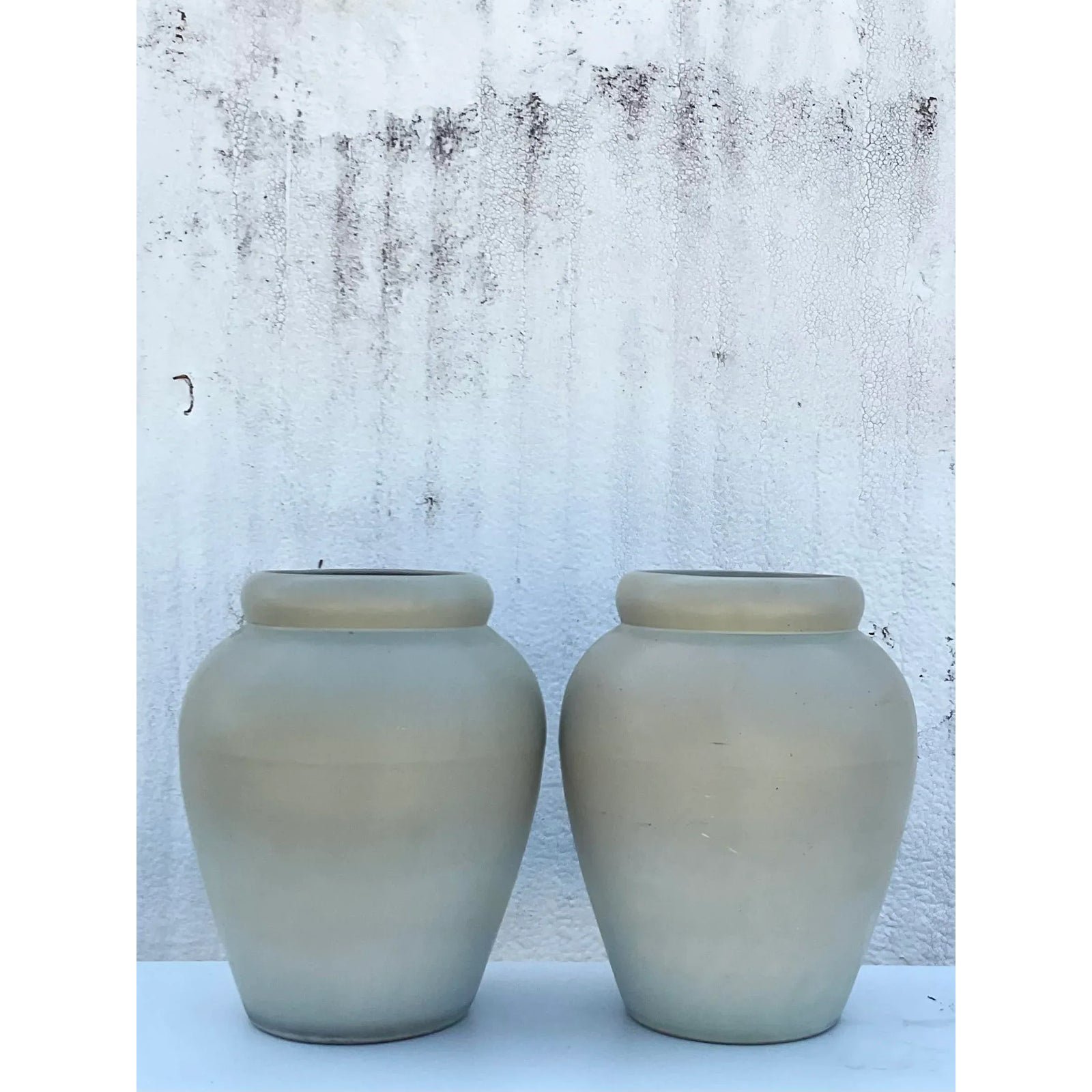 Vintage Contemporary Pair of Matte Sage Green Urns - Detail view