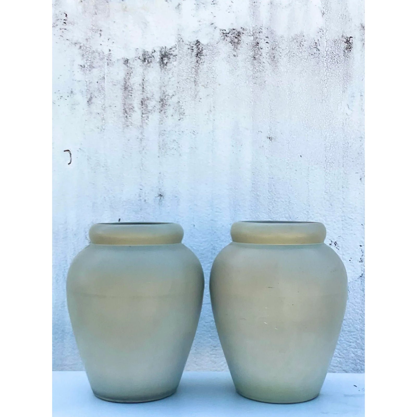Vintage Contemporary Pair of Matte Sage Green Urns - Back view
