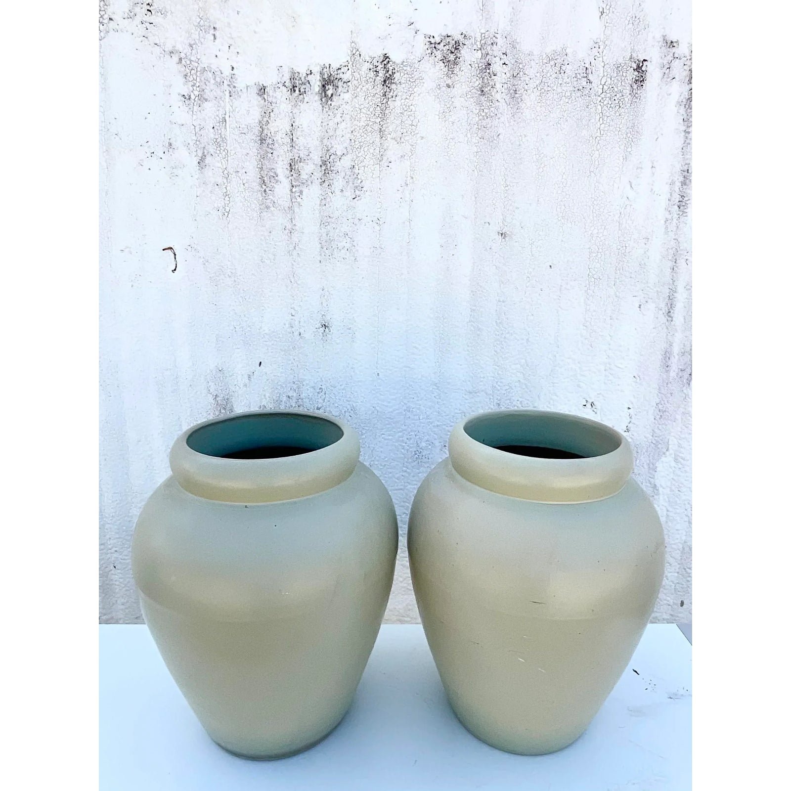 Vintage Contemporary Pair of Matte Sage Green Urns - Top view