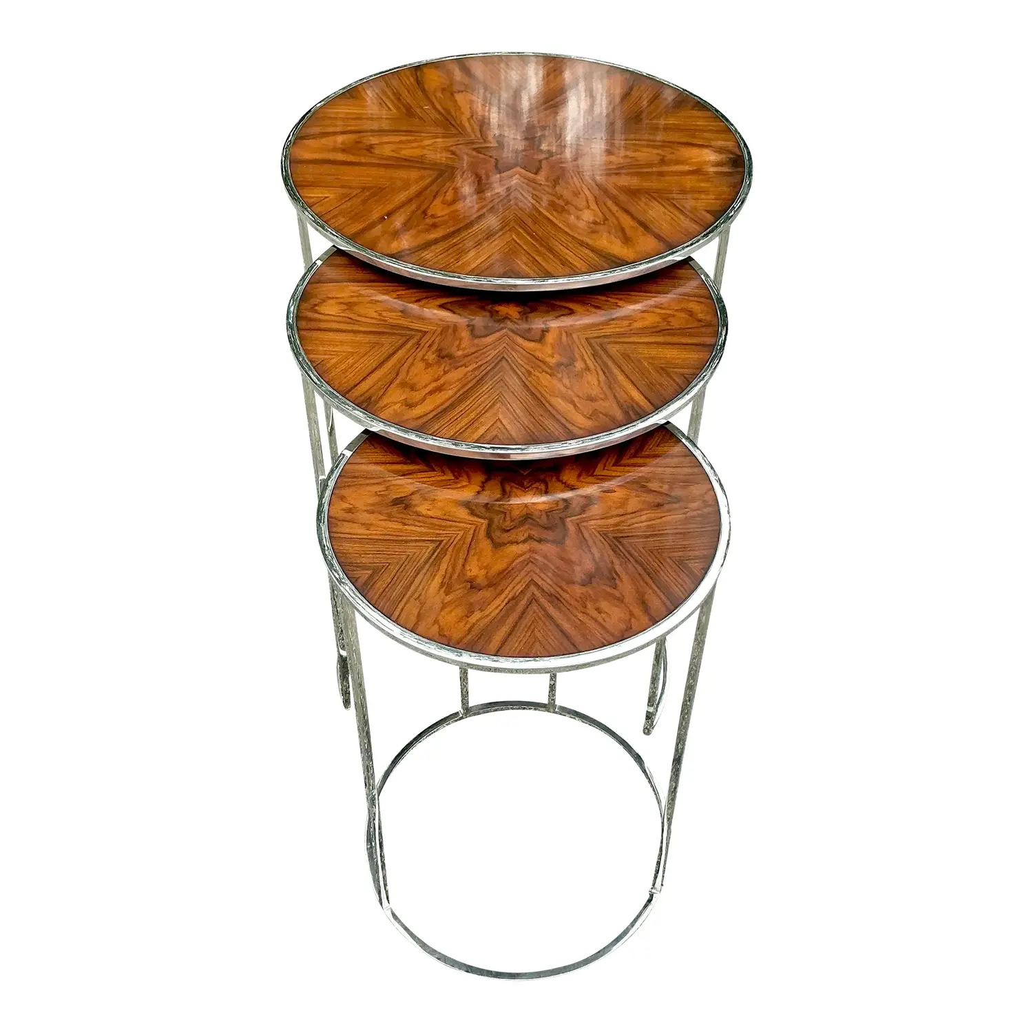 Vintage Contemporary Theodore Alexander Burl and Chrome Nesting Tables - 3 Pcs