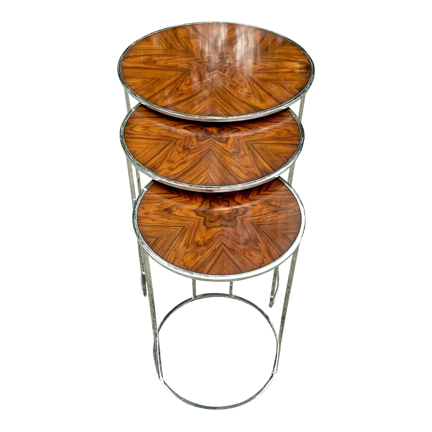 Vintage Contemporary Theodore Alexander Burl and Chrome Nesting Tables - 3 Pcs - Detail view