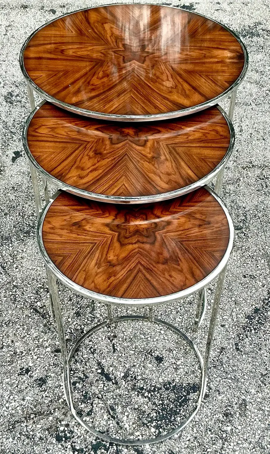 Vintage Contemporary Theodore Alexander Burl and Chrome Nesting Tables - 3 Pcs - Side view