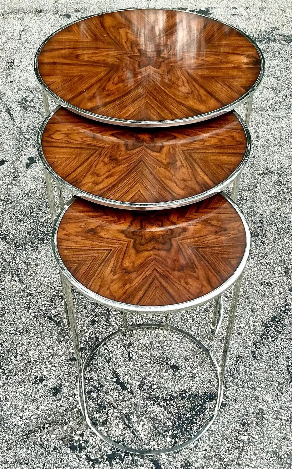 Vintage Contemporary Theodore Alexander Burl and Chrome Nesting Tables - 3 Pcs - Back view