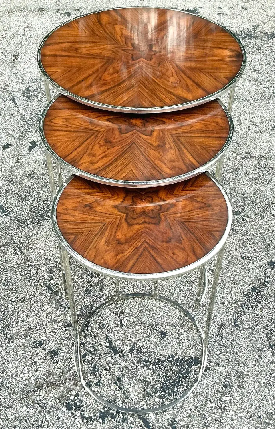 Vintage Contemporary Theodore Alexander Burl and Chrome Nesting Tables - 3 Pcs - Top view