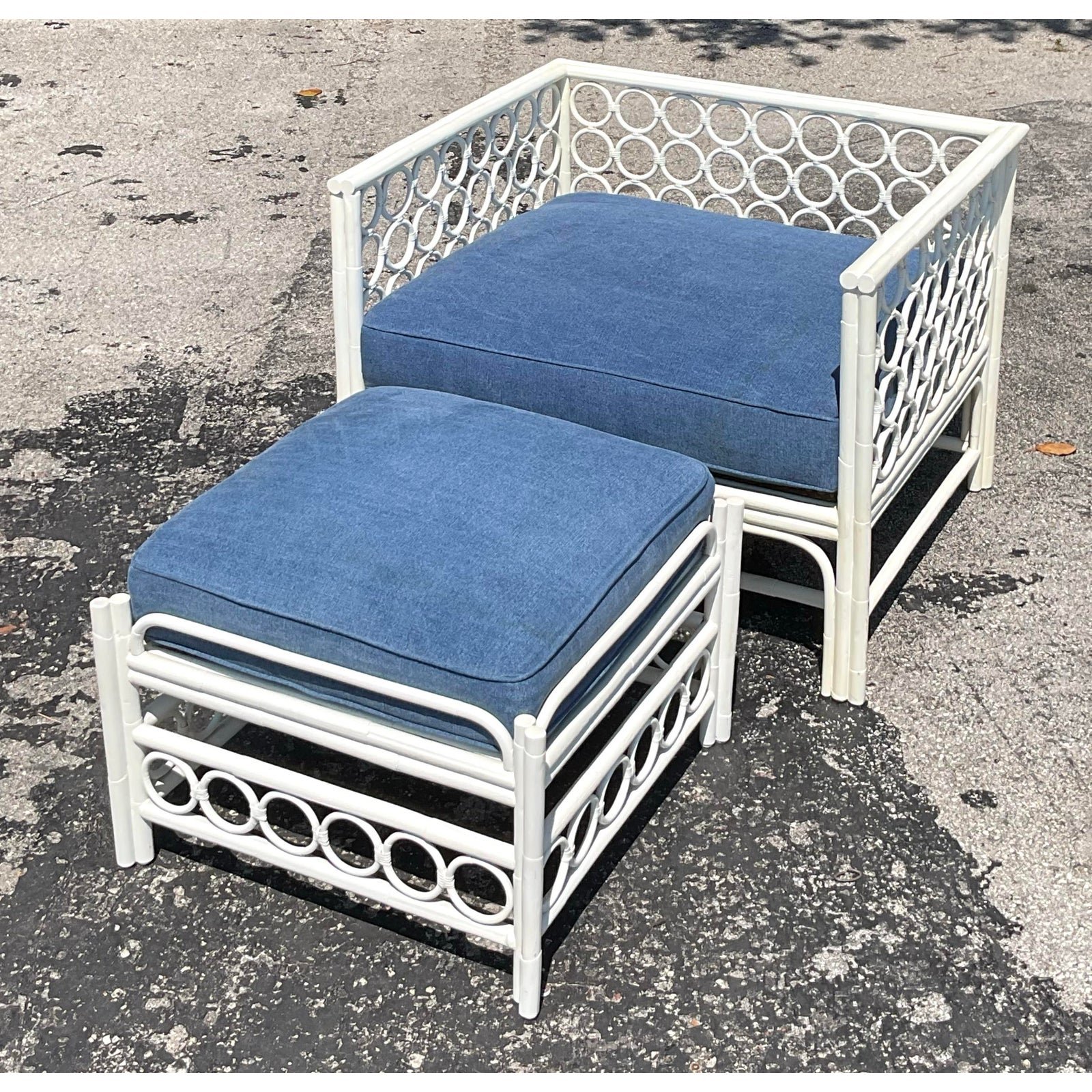 Vintage Costal Loop Rattan Lounge Chair With Ottoman - Side view