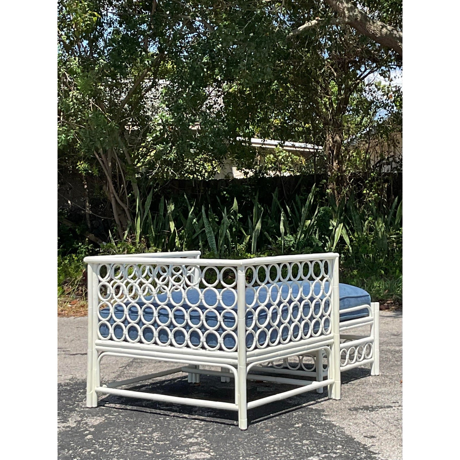 Vintage Costal Loop Rattan Lounge Chair With Ottoman - Top view