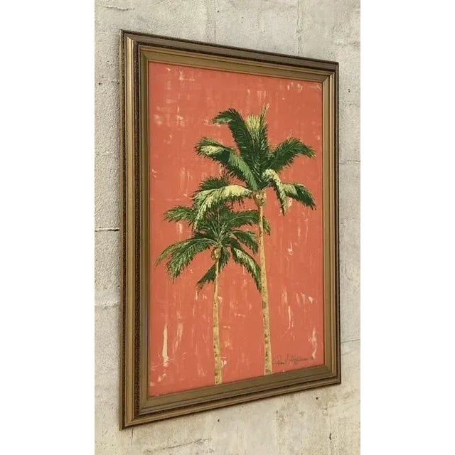 Vintage Costal Original Palm Tree Oil Painting - Detail view