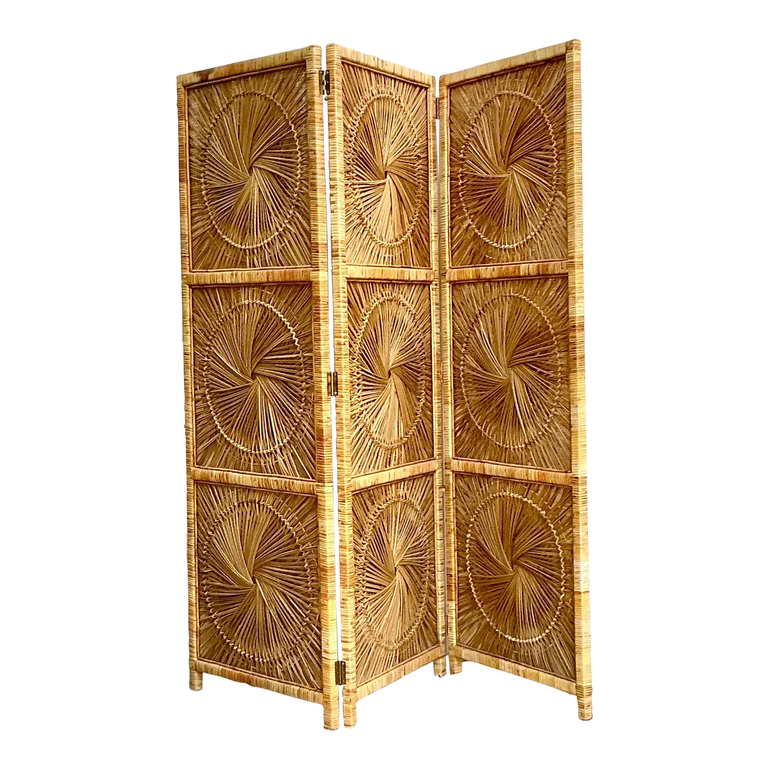 Vintage Costal Woven Rattan Folding Screen - Detail view