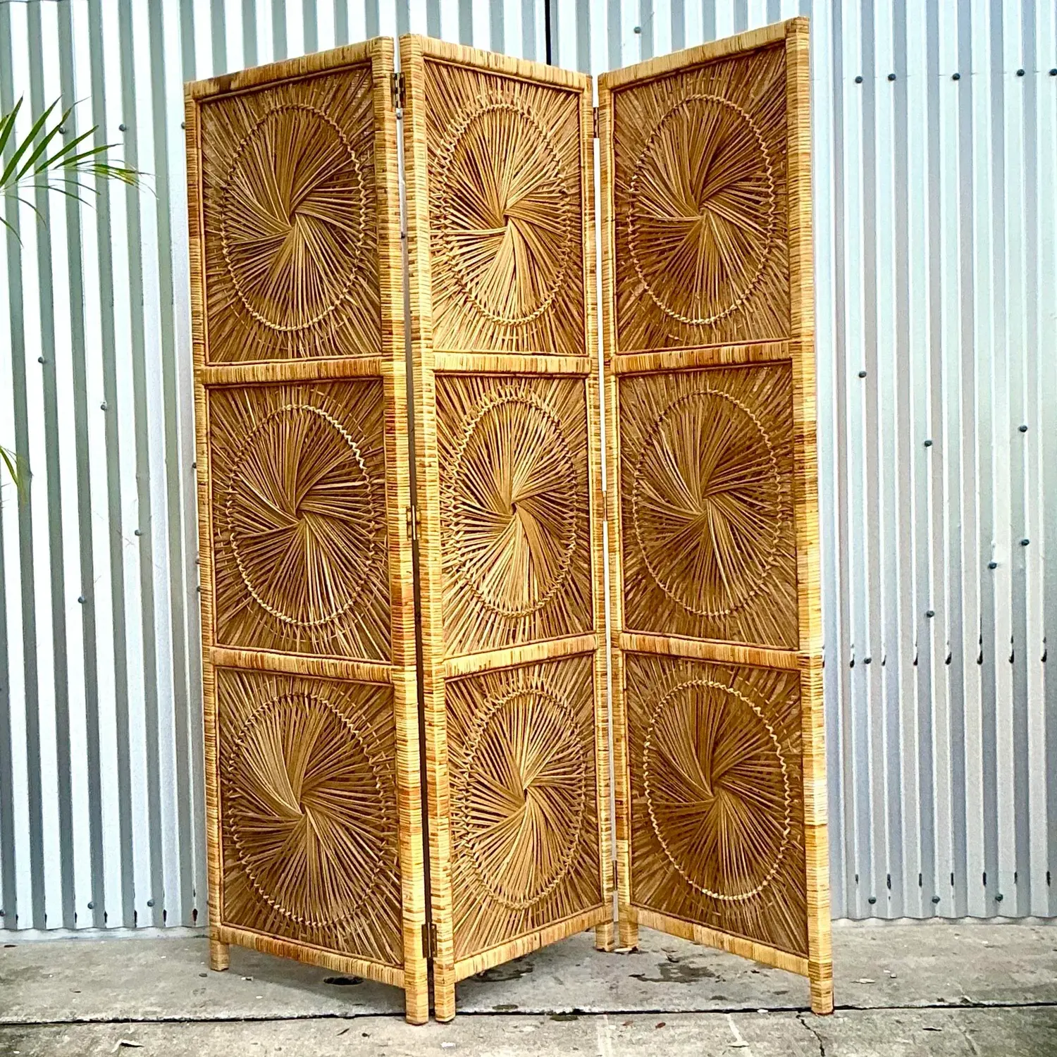 Vintage Costal Woven Rattan Folding Screen - Side view