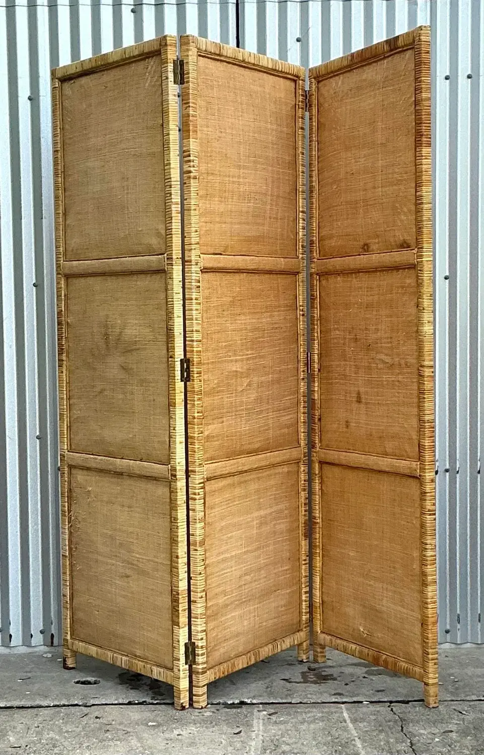 Vintage Costal Woven Rattan Folding Screen - Back view