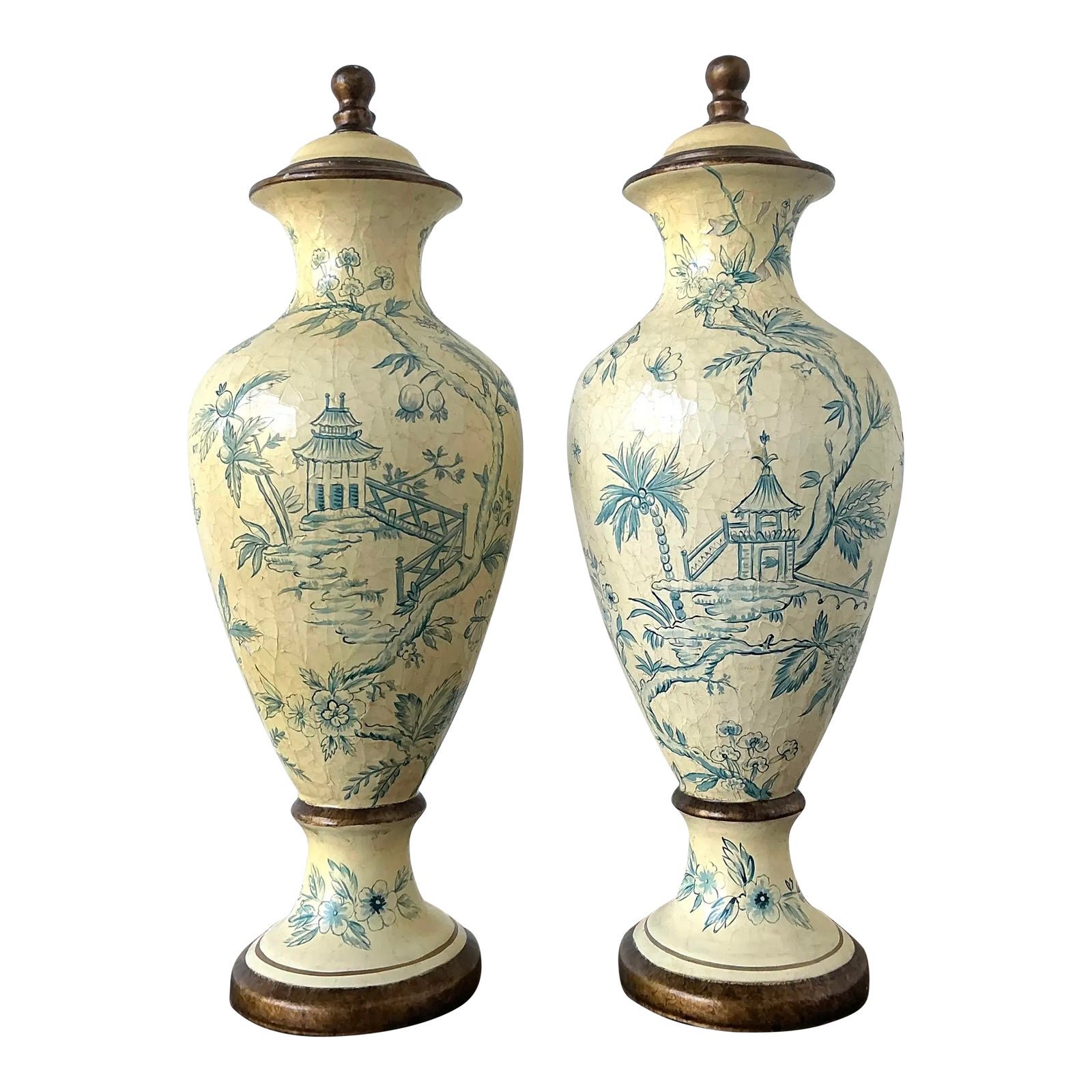 Vintage Crackle Finish Blue Willow Urns - A Pair