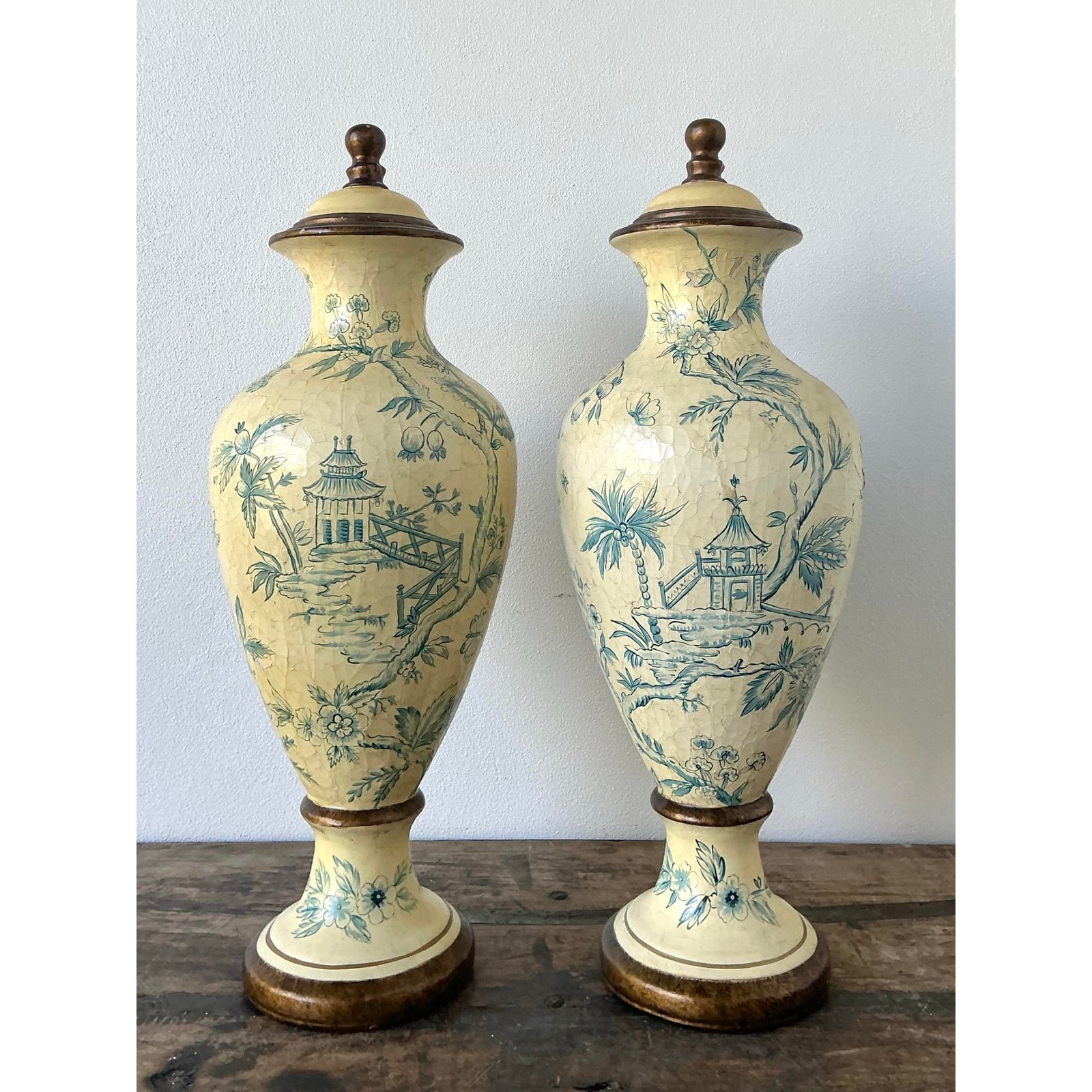 Vintage Crackle Finish Blue Willow Urns - A Pair - Side view