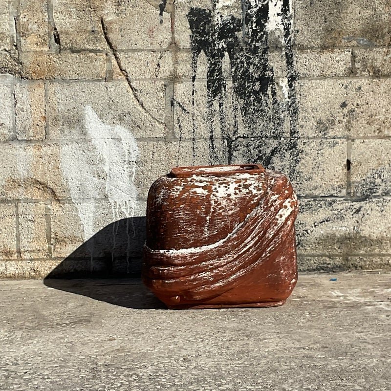 Vintage Cube Terracotta Planter With Curvy Ridges - Side view