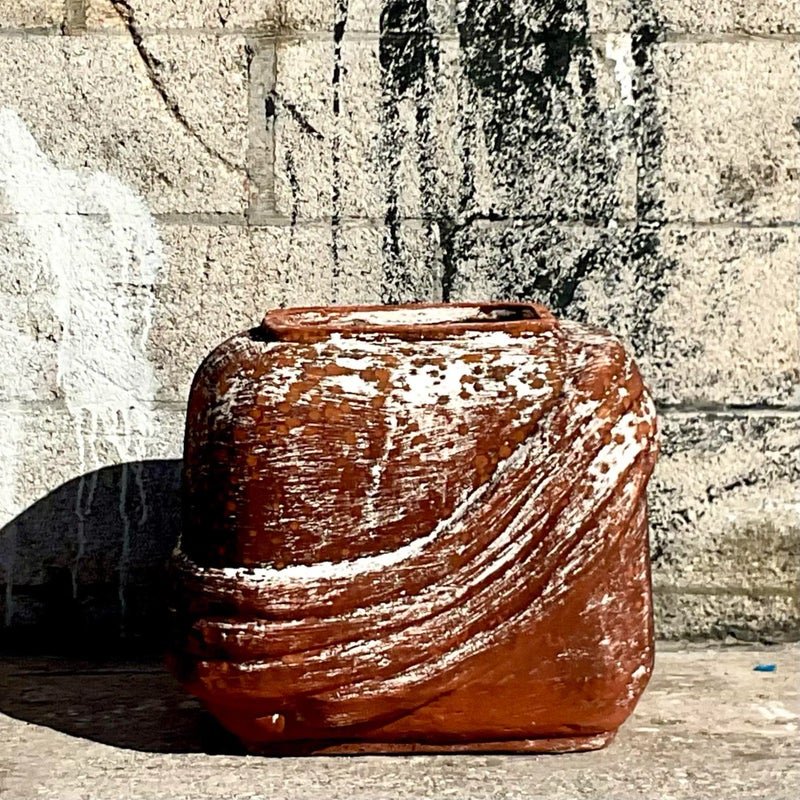 Vintage Cube Terracotta Planter With Curvy Ridges - Detail view