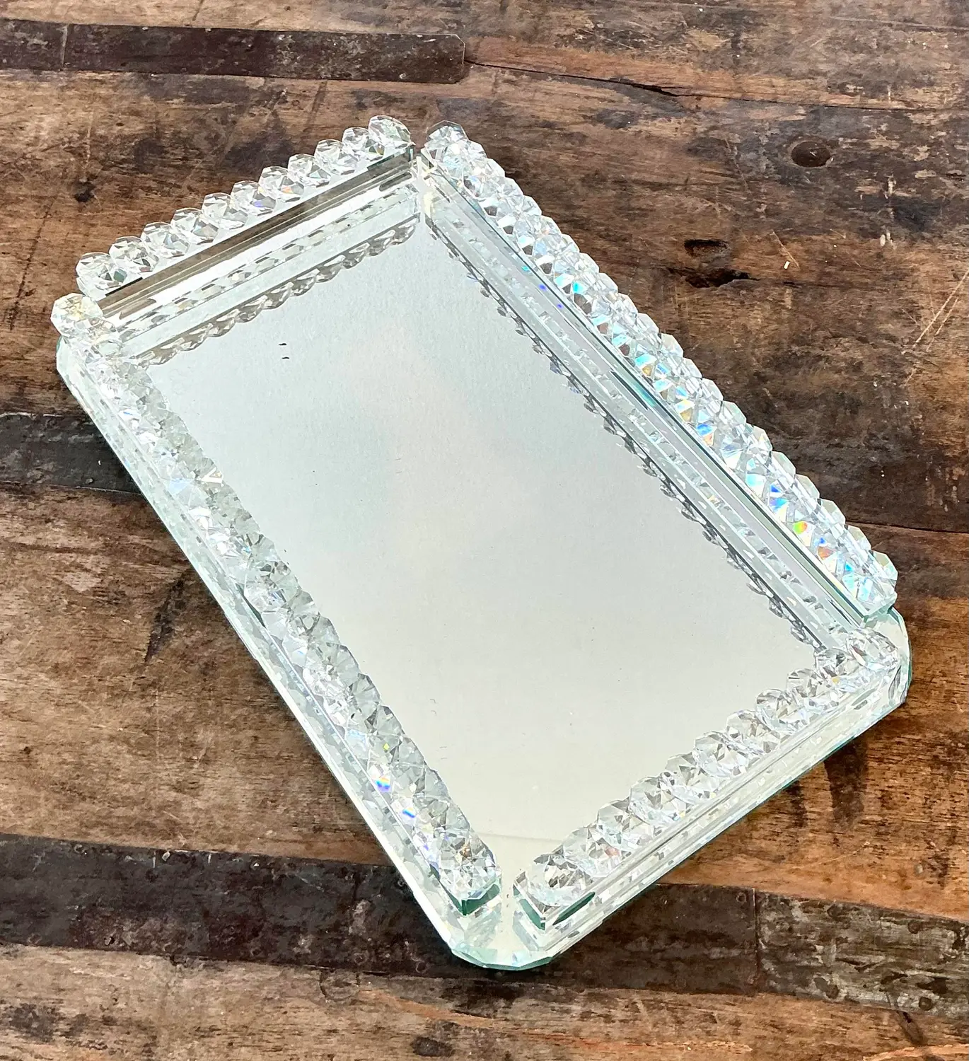 Vintage Cut Glass Mirrored Vanity Tray - Back view