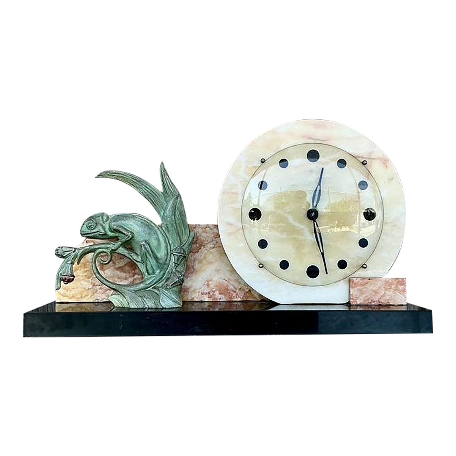 Vintage Deco Stone and Bronze Chameleon Clock - Detail view