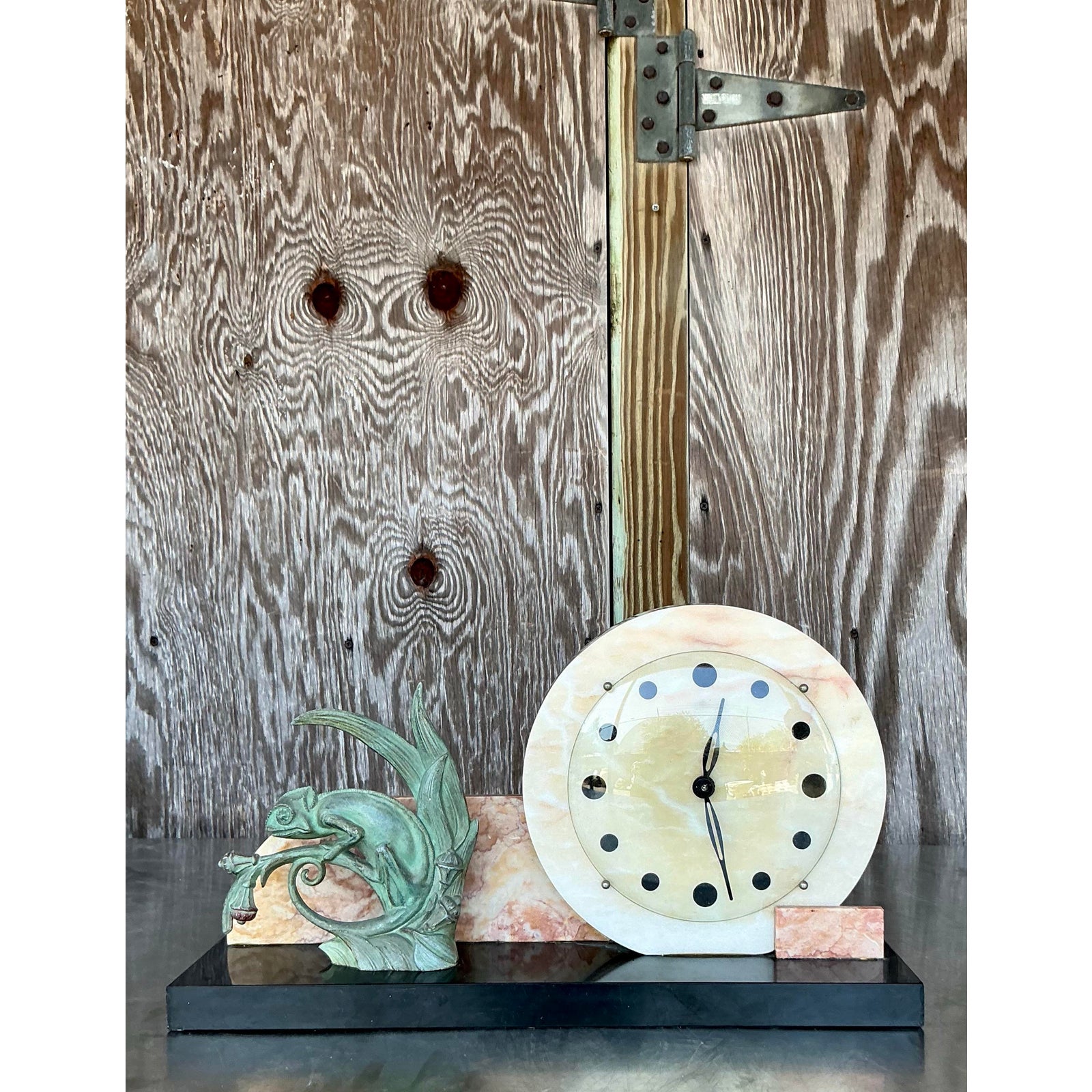 Vintage Deco Stone and Bronze Chameleon Clock - Back view