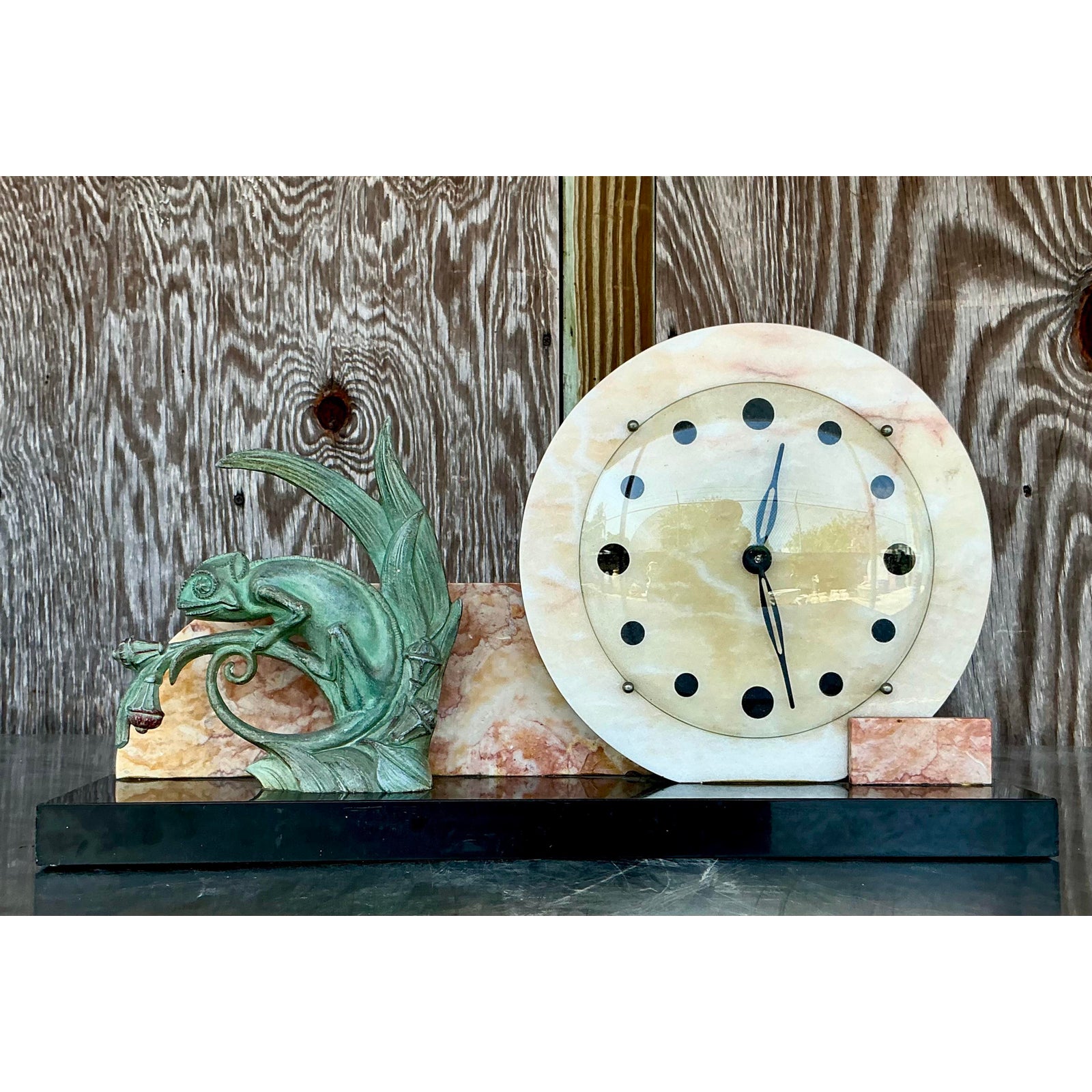 Vintage Deco Stone and Bronze Chameleon Clock - Side view