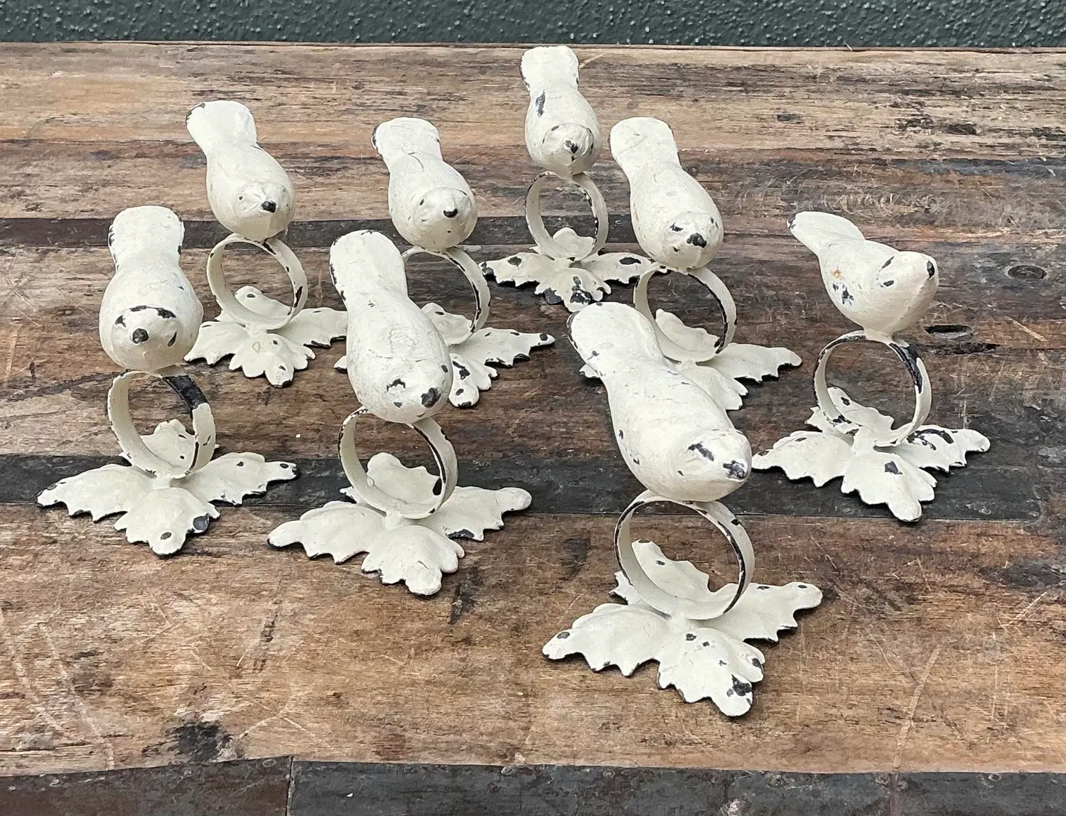 Vintage Distressed Bird Napkin Rings - Set of 8 - Top view