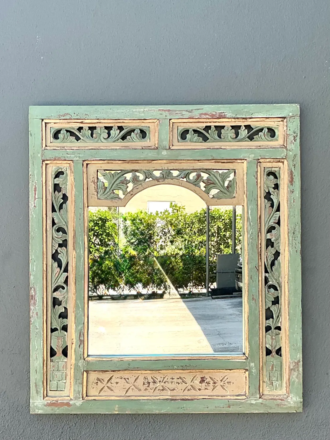 Vintage Distressed Carved Wood Mirror - Detail view