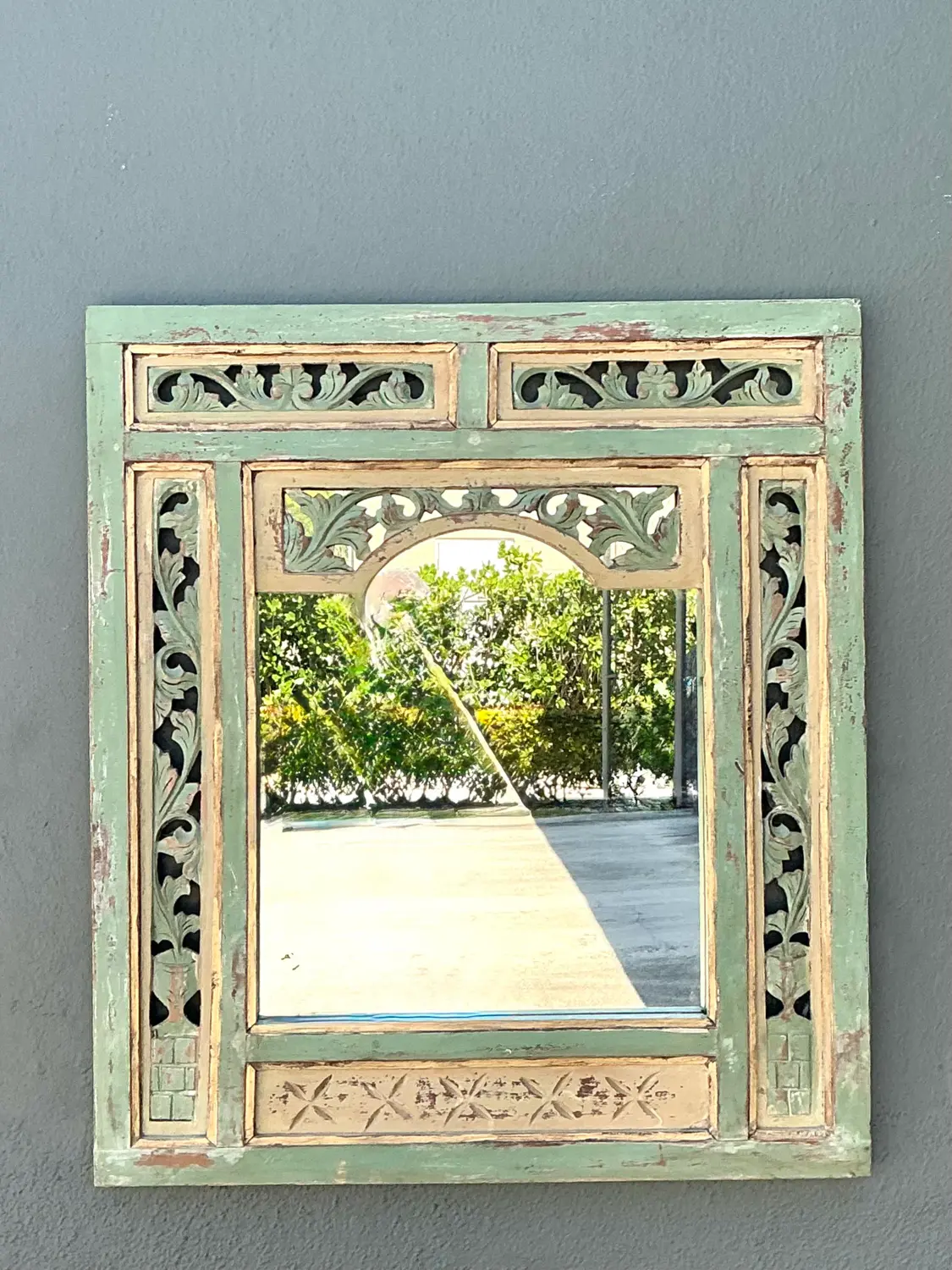 Vintage Distressed Carved Wood Mirror - Side view