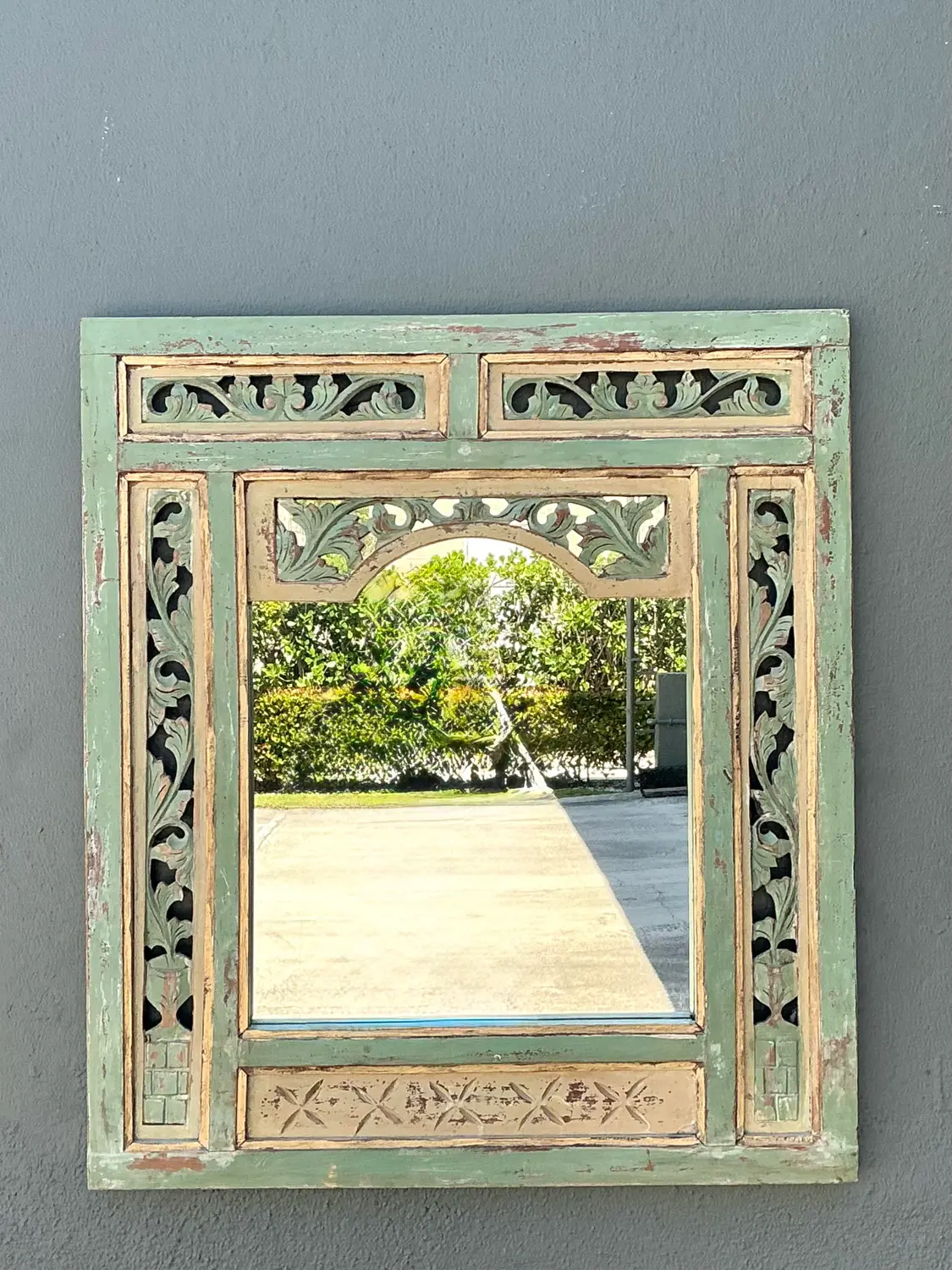 Vintage Distressed Carved Wood Mirror - Top view