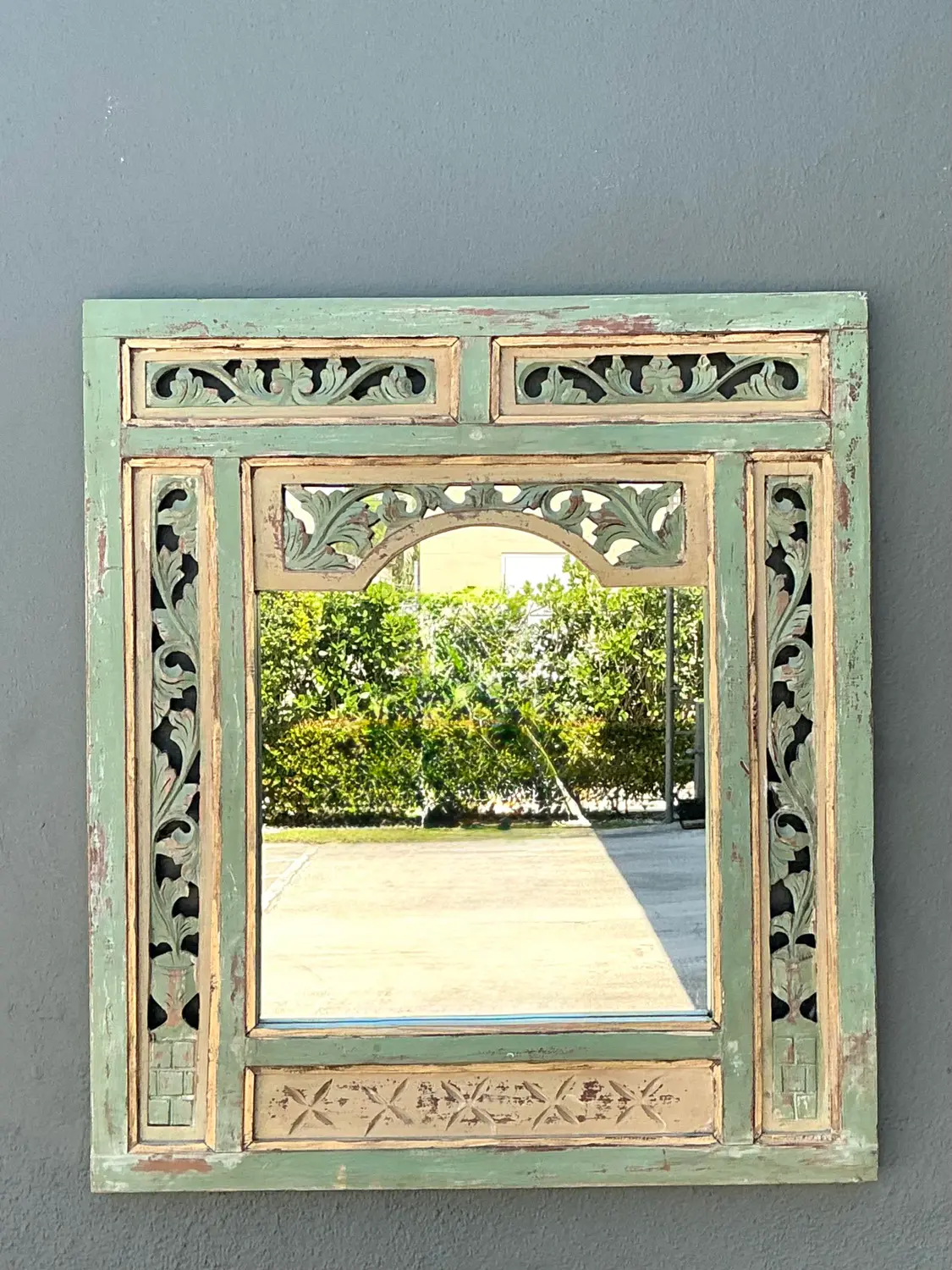 Vintage Distressed Carved Wood Mirror - Back view