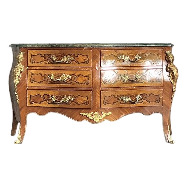 Vintage Distressed Marquetry and Ormolu Bombe Chest - Detail view