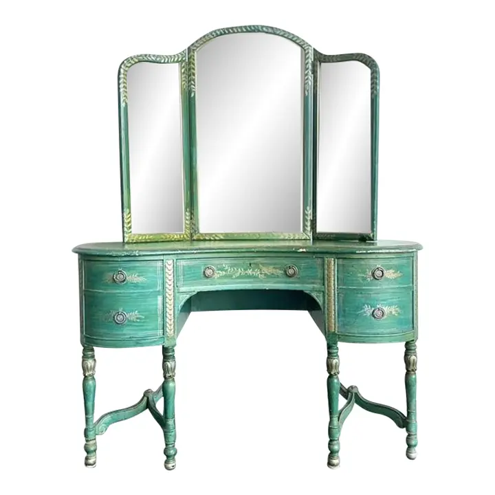 Vintage Distressed Mirrored Vanity and Chair