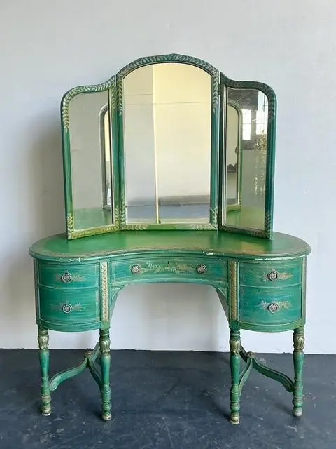 Vintage Distressed Mirrored Vanity and Chair - Detail view