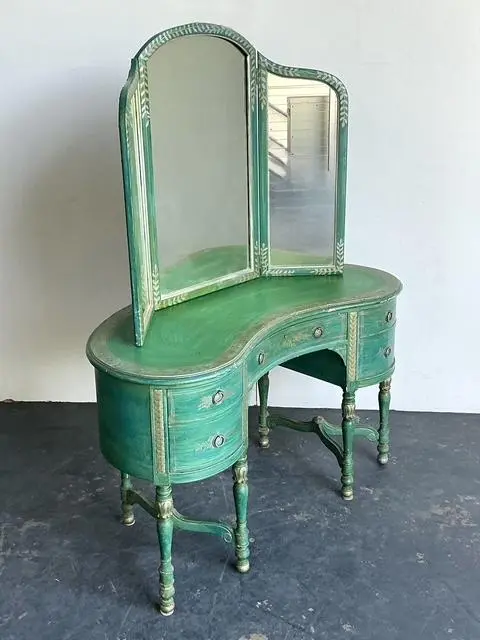 Vintage Distressed Mirrored Vanity and Chair - Side view