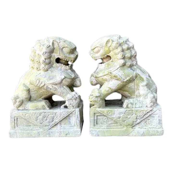 Vintage Distressed Soapstone Foo Dogs - A Pair - Detail view