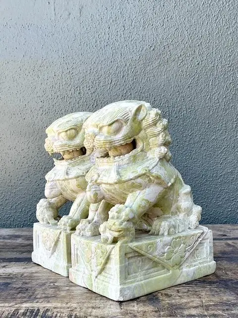 Vintage Distressed Soapstone Foo Dogs - A Pair - Back view