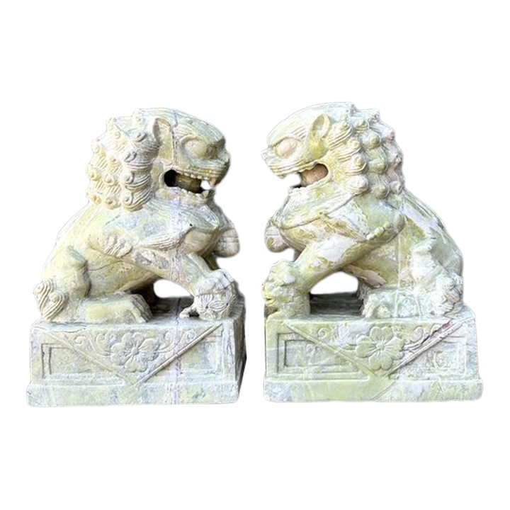 Vintage Distressed Soapstone Foo Dogs - A Pair - Side view