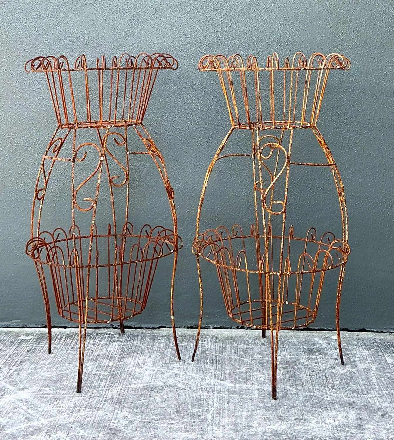 Vintage Distressed Wire Plant Stands - A Pair - Detail view