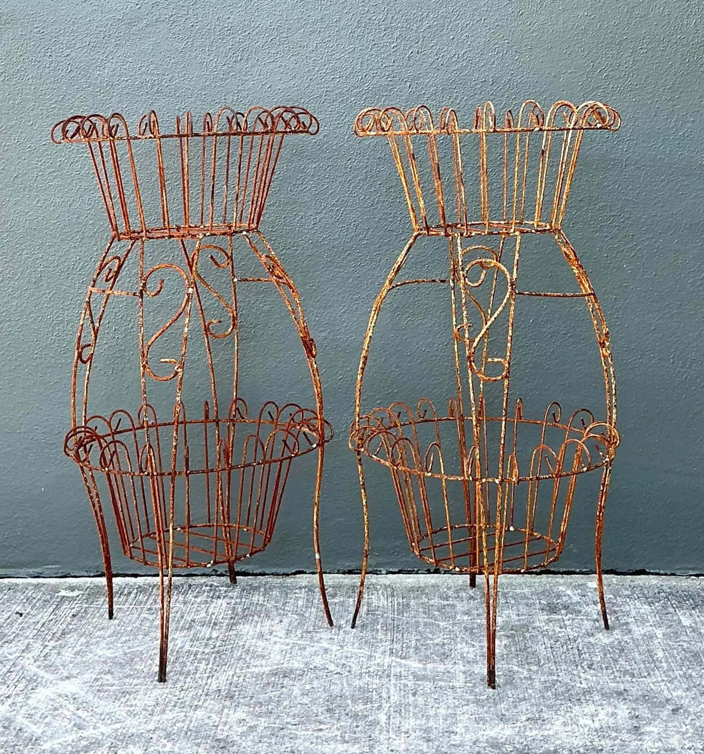 Vintage Distressed Wire Plant Stands - A Pair - Side view