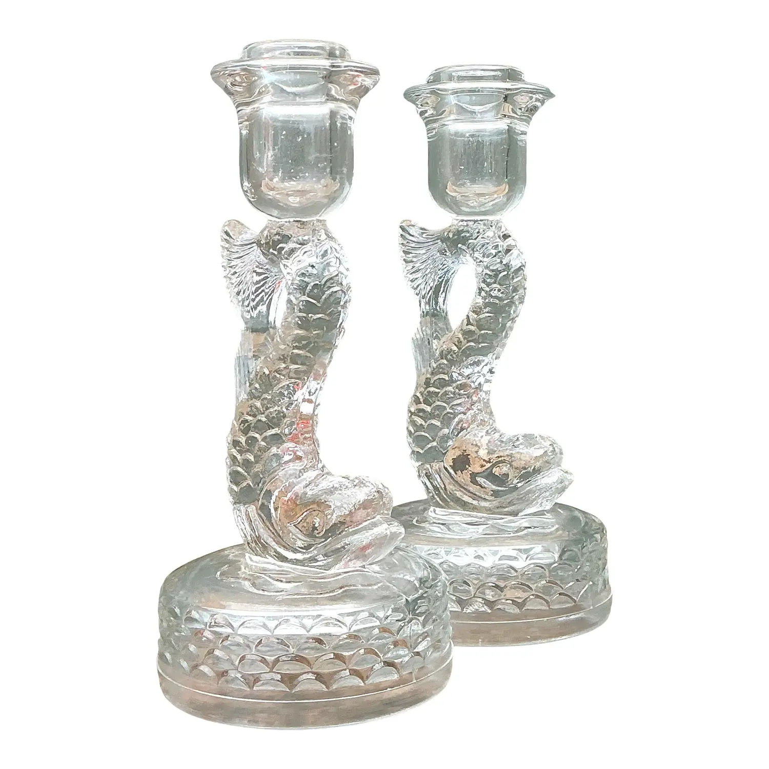 Vintage Dolphin Glass Candlesticks - A Pair