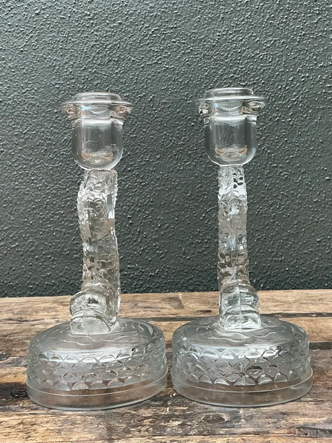 Vintage Dolphin Glass Candlesticks - A Pair - Detail view