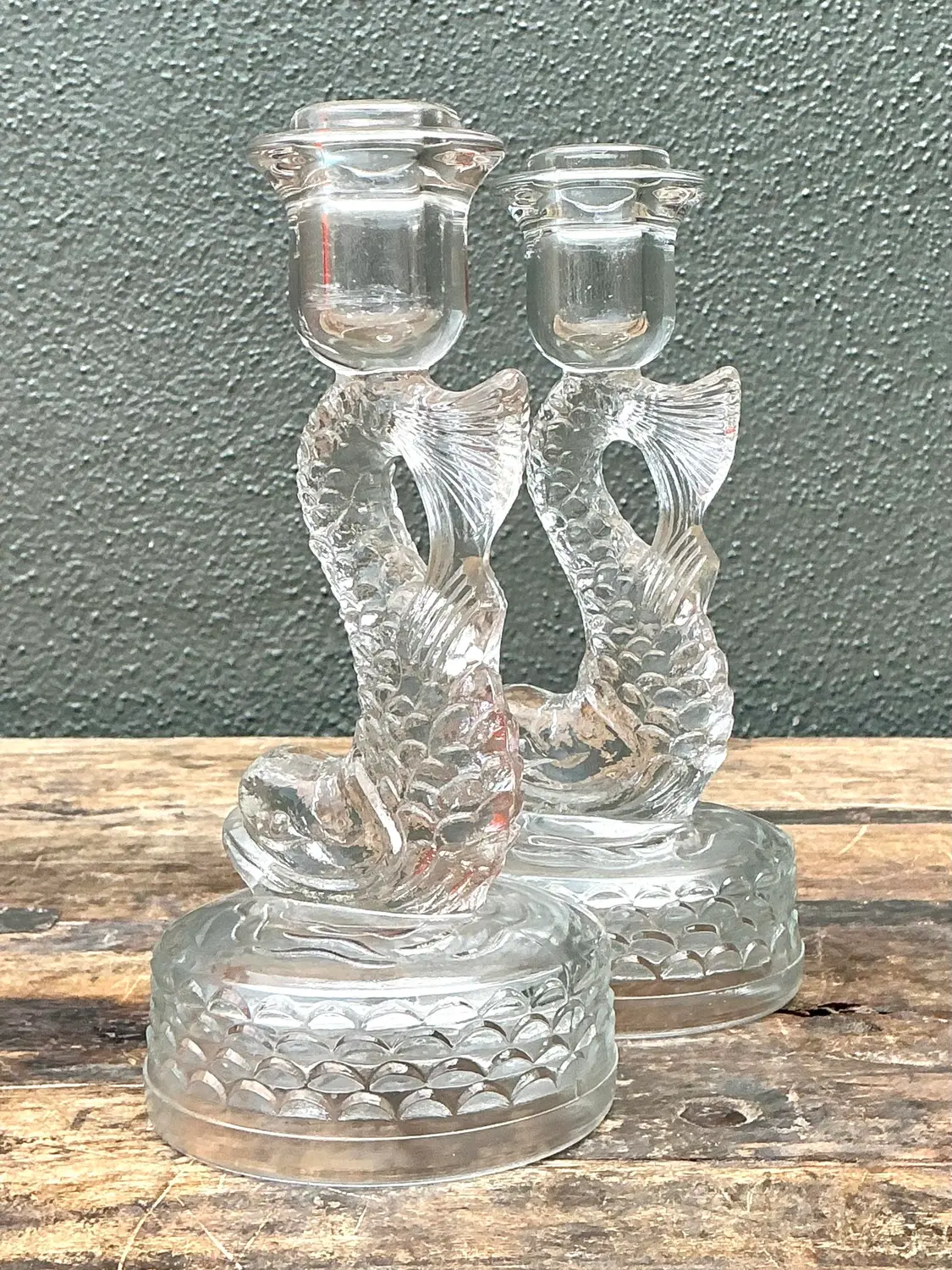 Vintage Dolphin Glass Candlesticks - A Pair - Top view