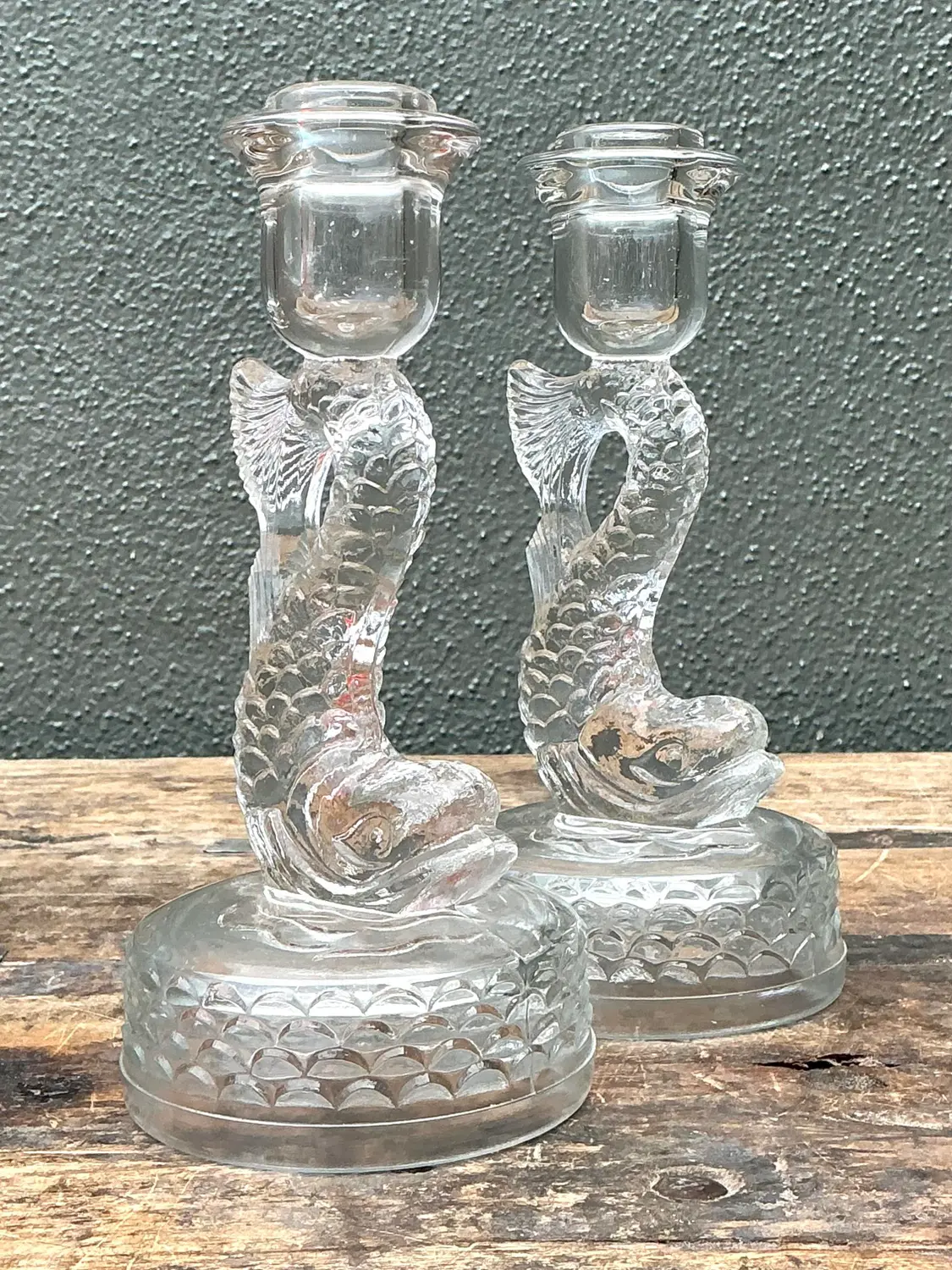Vintage Dolphin Glass Candlesticks - A Pair - Side view