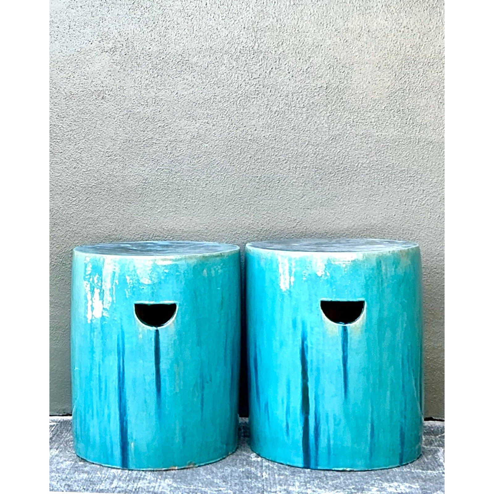 Vintage Drip Glazed Ceramic Garden Stools - A Pair - Side view