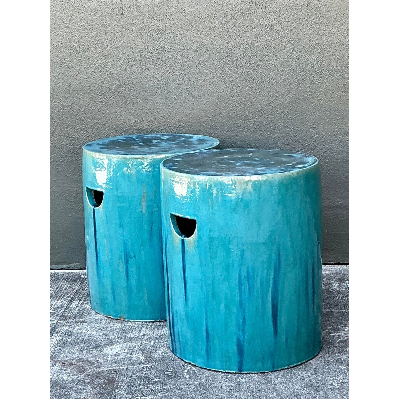 Vintage Drip Glazed Ceramic Garden Stools - A Pair - Top view