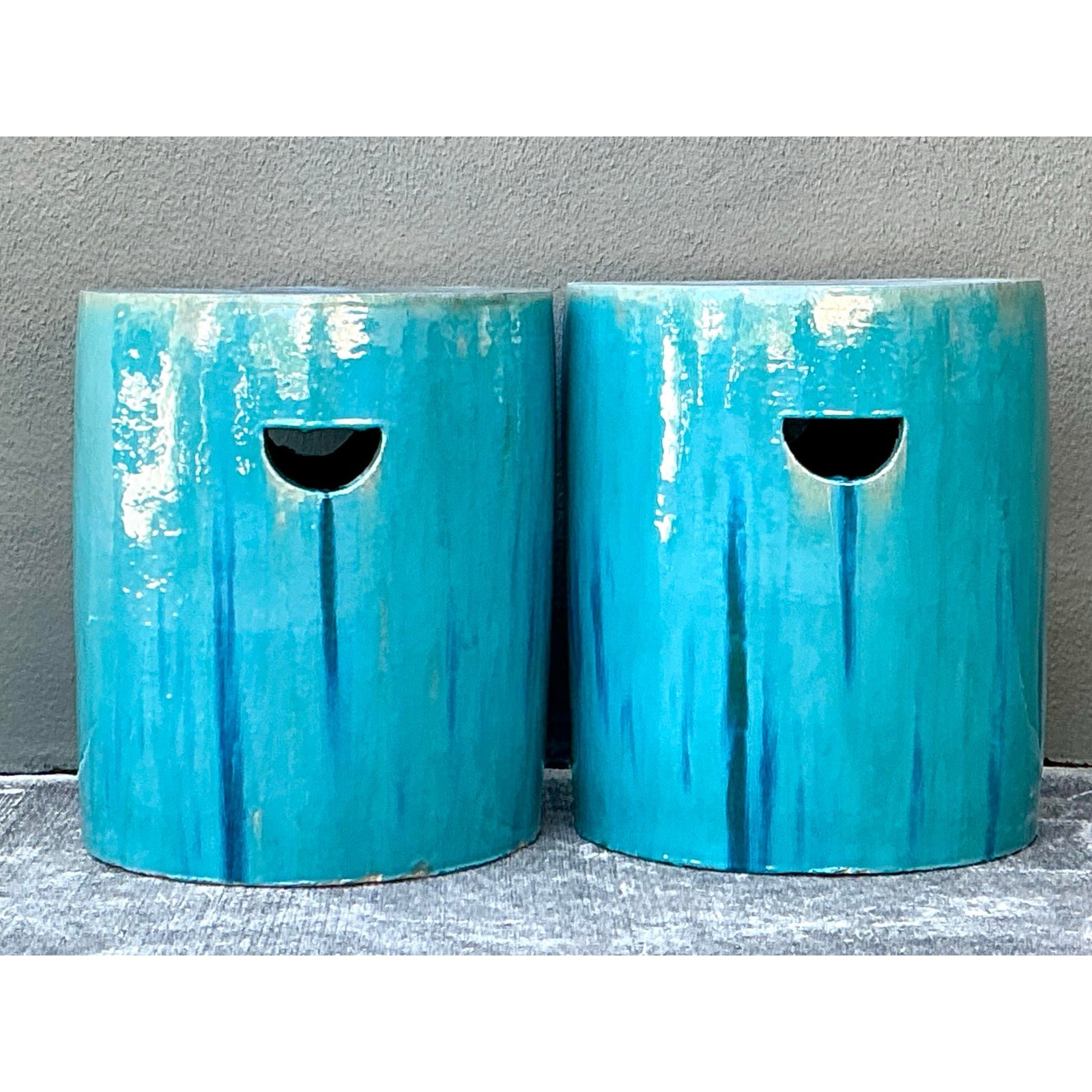 Vintage Drip Glazed Ceramic Garden Stools - A Pair - Detail view