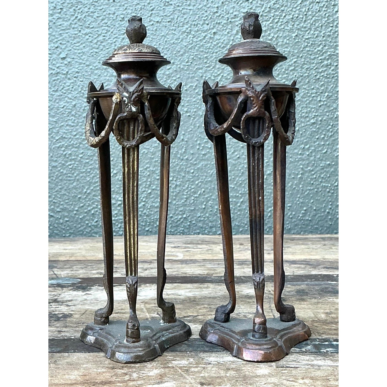 Vintage Egyptian Revival Pedestal Urns - A Pair - Top view
