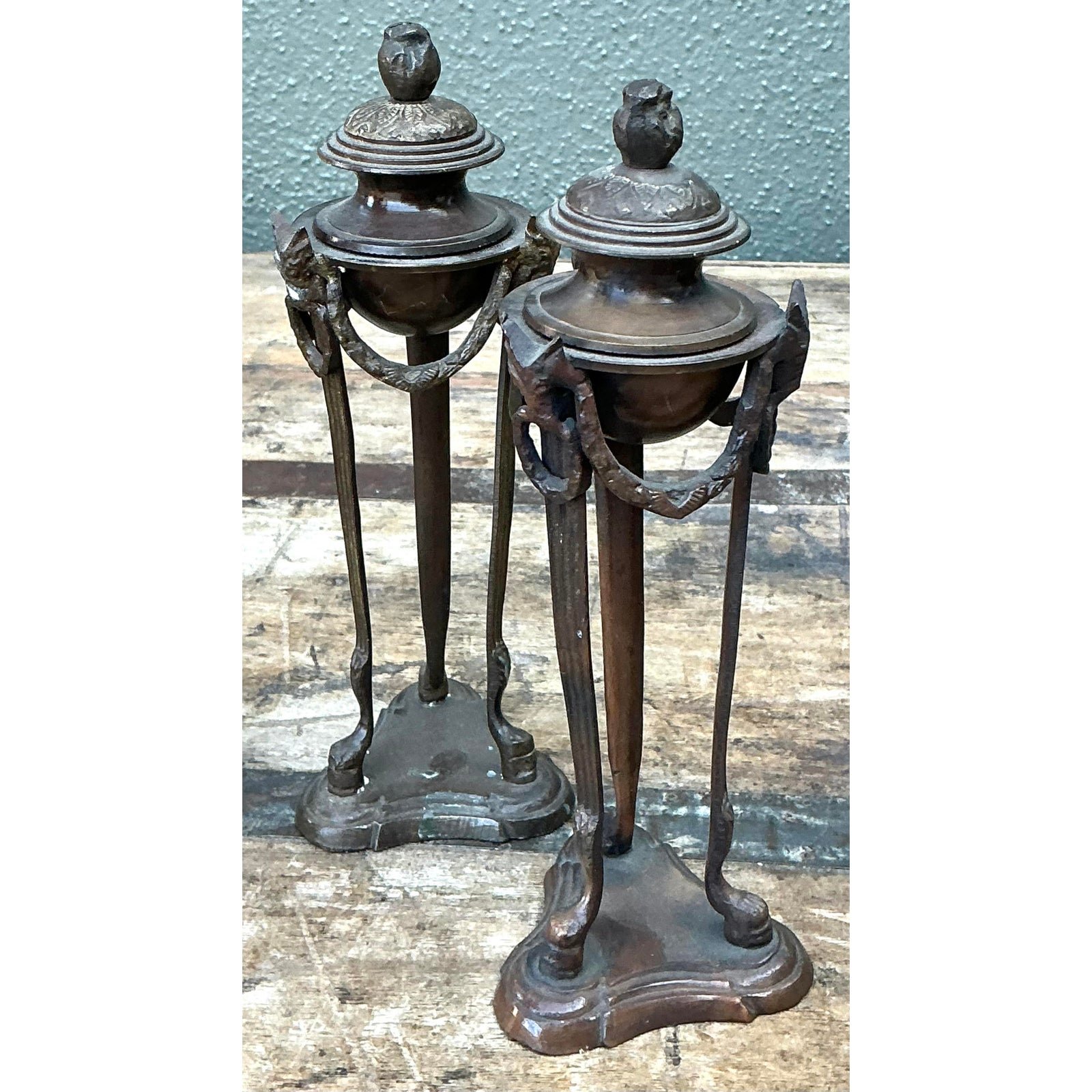 Vintage Egyptian Revival Pedestal Urns - A Pair - Side view