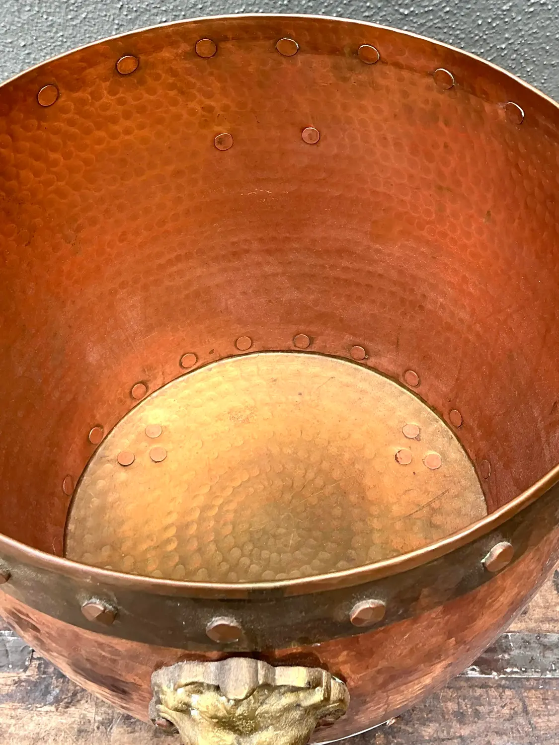 Vintage English Hammered Copper and Brass Paw Foot Planter - Detail view