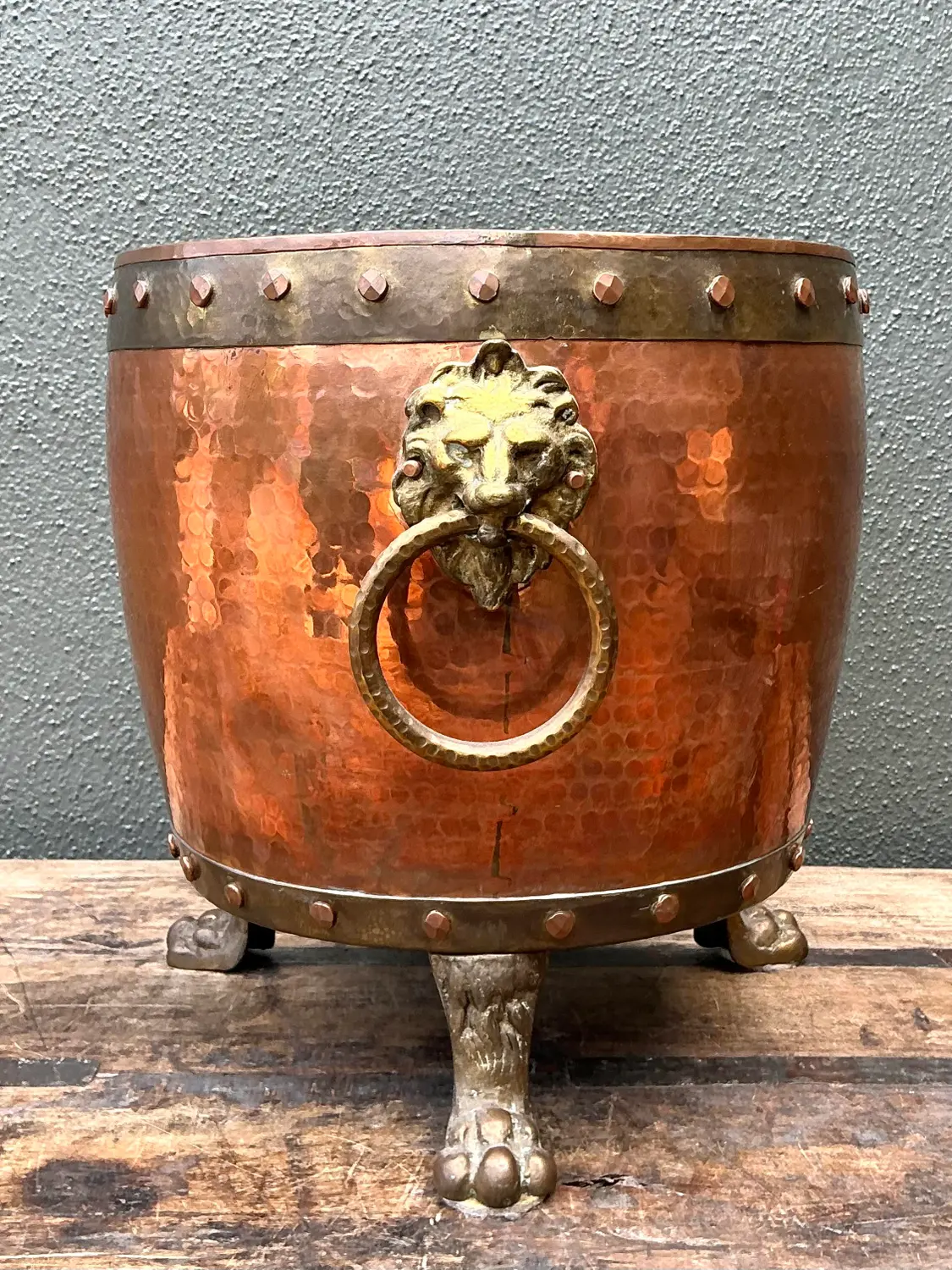Vintage English Hammered Copper and Brass Paw Foot Planter - Side view