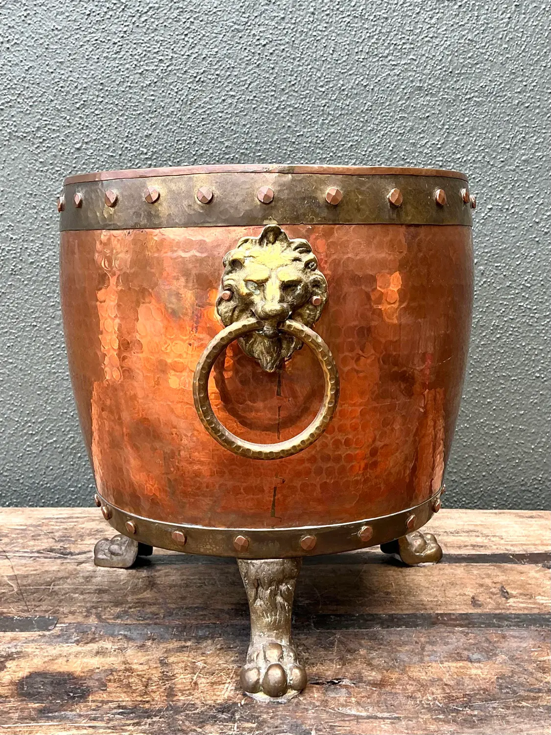 Vintage English Hammered Copper and Brass Paw Foot Planter - Top view