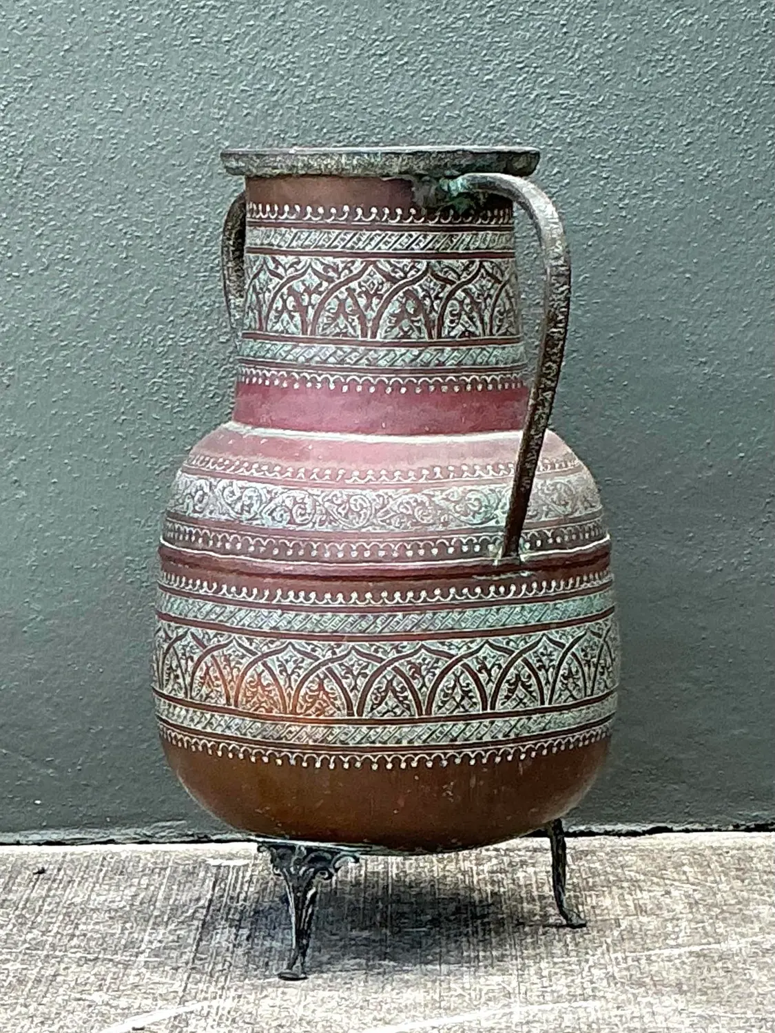 Vintage Engraved Copper Amphora Floor Vase - Top view